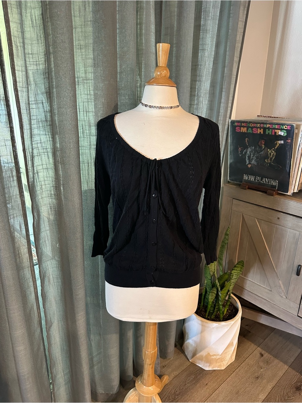 Fever Black Button-Front Scoop Neck Sweatshirt